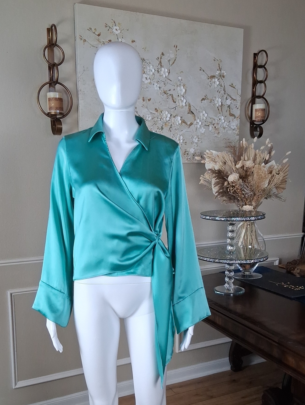 Zara Women's Teal Satin Glossy Fluid V Neck Wrap Long Sleeves Blouse Medium - Picture 8 of 16
